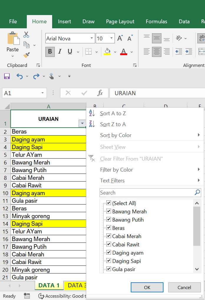 Hasil Filter Teks di Excel