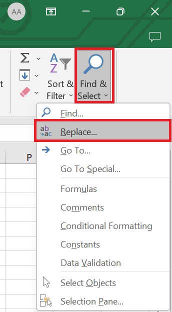 Menu Replace Excel